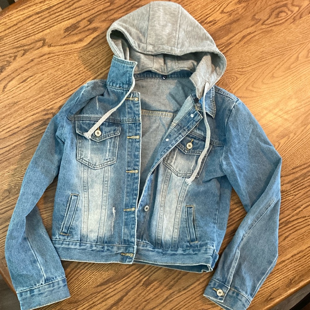 Denim Jacket with Gray Detachable Hood
